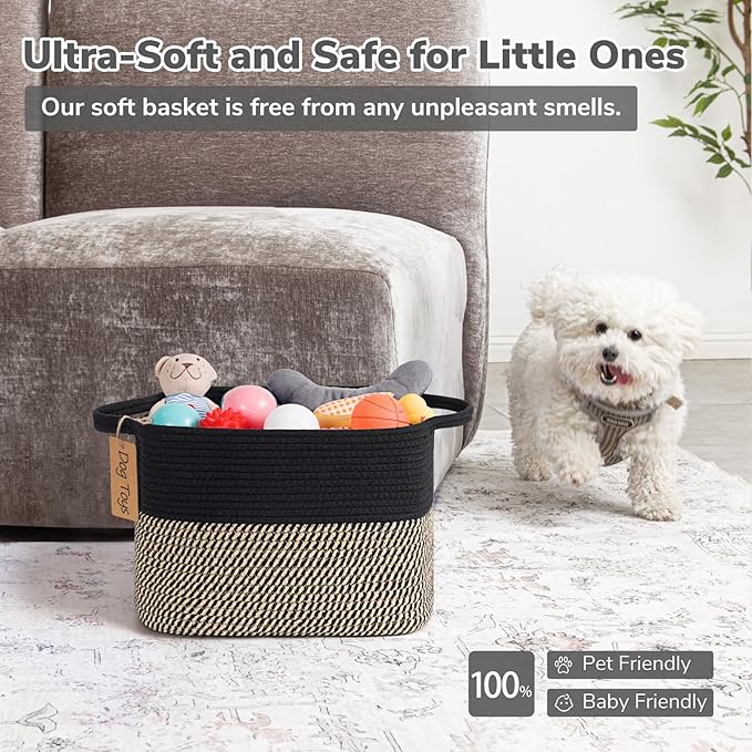 Goodpick Woven Storage Basket for Shelves, Rectangle, Black & Jute | 13" × 10" × 9" Stylish Gift Basket for Home Decor, Wicker Baskets for Shoes, Toys & Books Storage, Reinforced Handles