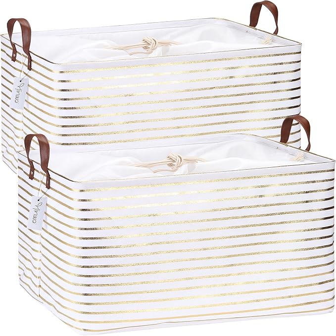 Hinwo 70L Extra Large Canvas Storage Bin with Lid and Handles, 2-Pack | Collapsible Fabric Baskets, Closet Shelf Organizers, Containers for Clothing, Blankets, Toys, Bedding (Gold Stripe)