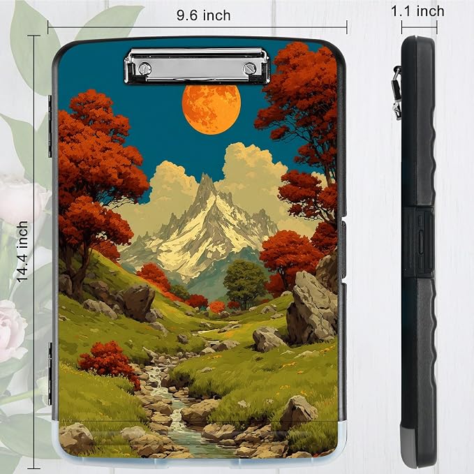 A4 Clipboard with Storage Pen Holder, Clipboards Organizer Nursing Clipboard Foldable File Folder Plastic Clipboard Folio Clip Board for Office Classroom Doctor, Snow Mountain Moon Brook