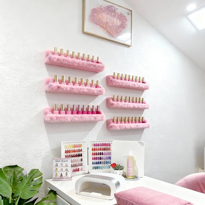 Nail Polish Wall Shelf - 15-Inch Furry Plush Display & Organizer Rack, Holds 60+ Polishes, Soft Ledge for Bedroom, Bathroom, Salon - Protects Bottles from Scratches，6 Pack Pink