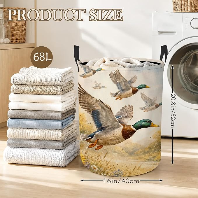 Laundry Hamper, Flying Ducks Collapsible Wildflowers Laundry Baskets Waterproof Oxford Cloth With Handles, Clothes Storage Bucket For Bathroom/Bedroom 16" x 20.8"