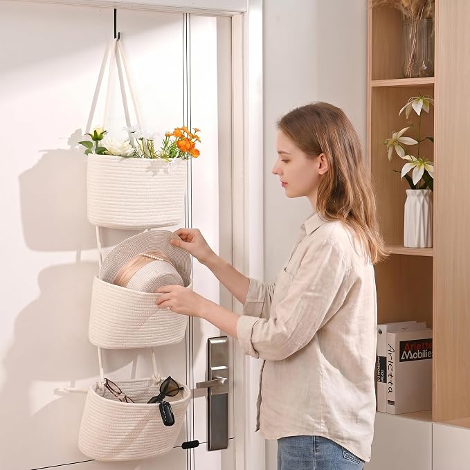 ICERZCZ Hanging Baskets for Organizing, Over the Door Decorative Storage Organizer, Nursery Decor Organization, 3-Tier Wall Basket for Entryway Playroom Bathroom Closet, Off White