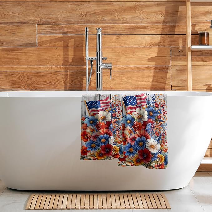 Giwawa 4th of July Hand Towels Patriotic Floral Dish Towels Set of 2 Holiday Soft Absorbent Decorative Fingertip Bath Towel for Bathroom Gym Home
