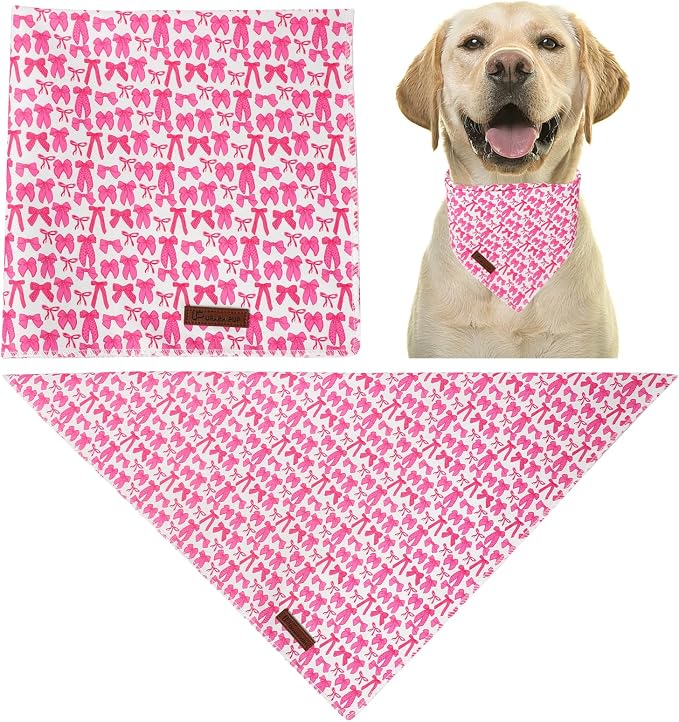 Pink Bow Dog Bandana, Rose Pink Bowtie Puppy Bandana for Girl Female Dogs, Soft Cotton Pet Triangle Bid Scarf Kerchief for Girl Boy Dogs or Cats