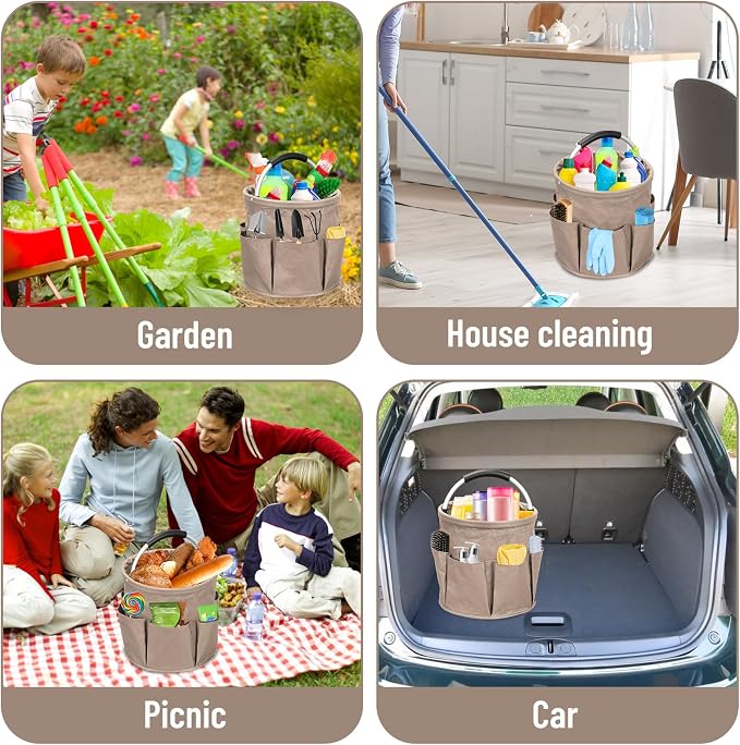 17L Portable Cleaning Bucket Organiser, 6 Pockets Foldable Cleaning Caddy with Handle Wearable Cleaning Caddy Bag for Outdoor Camping Garden Harvest Basket Home Bathroom Storage (Khaki)