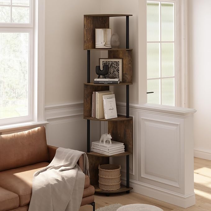 Furinno ECON Corner Shelf, 5-Tier Corner Book Shelf, Zigzag Storage Shelves, Display Rack, Bookshelf, for Organization and Storage, Living Room, Home Office, Amber Pine