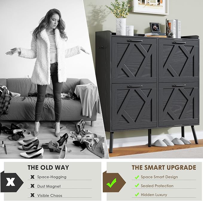 Shoe Cabinet with 4 Flip Drawers, Hidden Shoe Rack Cabinet with Metal Legs, Farmhouse Narrow Shoe Storage Cabinet for Entryway, Foyer, Hallway, Black