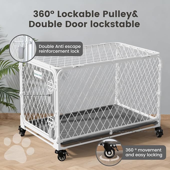 42 Inch Collapsible Dog Crate with Diamond Mesh, No-Tool Assembly Foldable Dog Kennel with 4 Lockable Wheels,Removable Tray,Portable Dog Cage for Medium/Large Dogs, Space-Saving, Indoor Outdoor Use