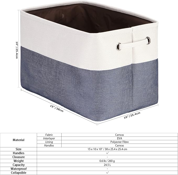 Sea Team Large Rectangle Canvas Open-Top Storage Baskets, 3-Pack | Collapsible Fabric Storage Bins with Handles, Closet Shelf Organizers, 15 x 10 x 10 Inches, Denim & White