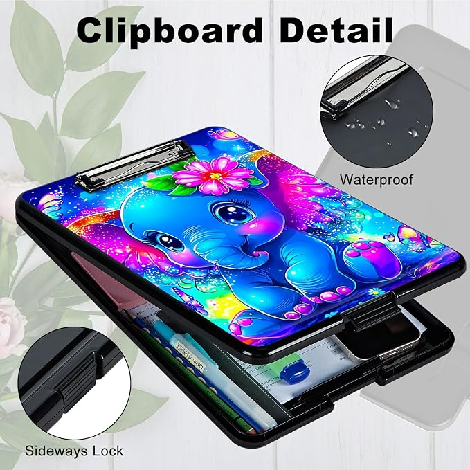 Blue Elephant Flowers A4 Clipboard with Storage Pen Holder, Clipboards Organizer Nursing Clipboard Foldable File Folder Plastic Clipboard Folio Clip Board for Office Students Classroom