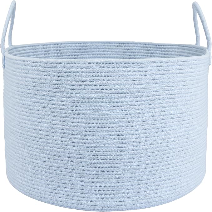 XUANGUO 66L Large Blanket Basket, Round Cotton Rope Basket, Blue | 20" x 13" Laundry Basket with Sturdy Handles for Blankets, Pillows and Toys; Storage for Living Room, Bedroom and Nursery