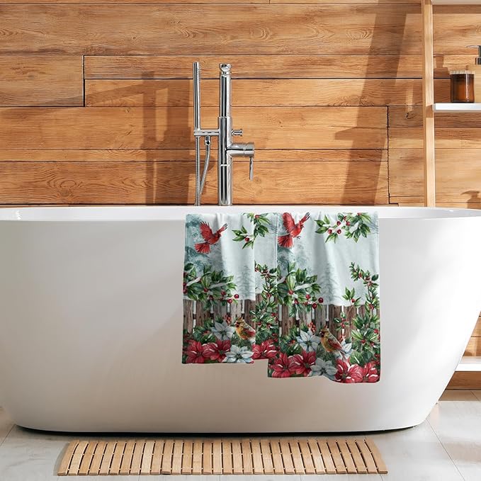 Giwawa Red Bird Towel- Xmas Holly Berries Watercolor Poinsettia Hand Face Towels- Winter Trees Red White Floral Soft Microfiber Dish Towel for Bathroom Guest Gym Seasonal New Year Decor