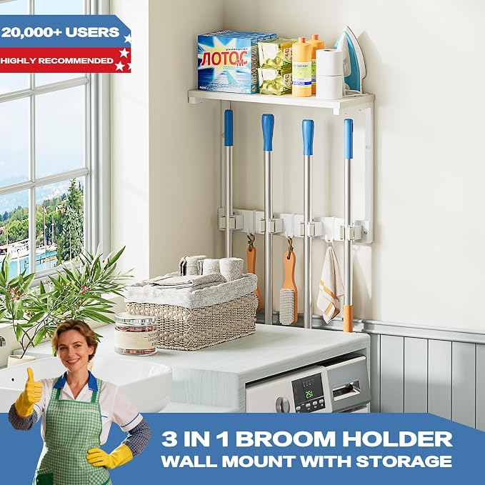 Olakee Broom Holder Wall Mount with Cleaning Supplies Organizer, Laundry Room Organization and Storage Shelves, Mop Hanger Rack with Hooks, Utility Shelf Closet Organizer for Garage Home Improvement