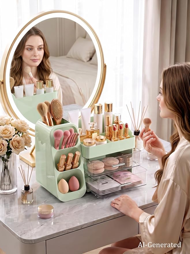 Large Makeup Organizer Countertop for Vanity Skincare Organizers Green | Cosmetic Organizer with Brush Holder and 2 Drawers, Beauty Makeup Storage for Lipsticks, Nail Polishes, Eyeshadow Palettes