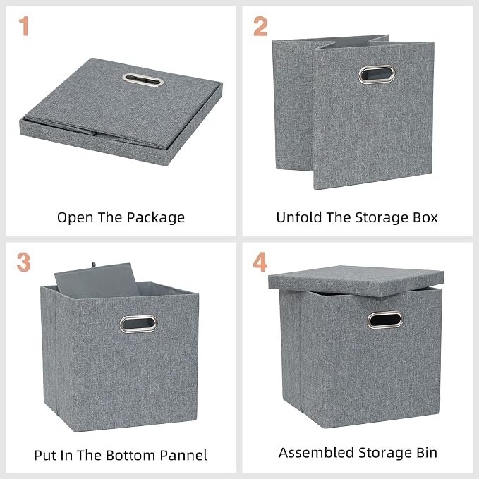 Storage Bins with Lids, Linen Fabric Boxes Organizer Containers with Lid Foldable Storage Box Basket for Closet, Shelves, Home, Office, 12 x 12 x 12 Inch, 4 Pack, Dark Gray, AG3006-7