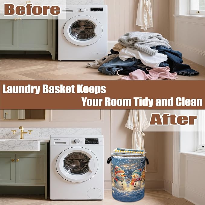 Cute Snowman Laundry Basket,Christmas Laundry Hamper Waterproof Oxford Cloth Tote Bag,Clothes Storage Bucket Decorative Toy Organizer for Bathroom Bedroom 16" x 20.8"
