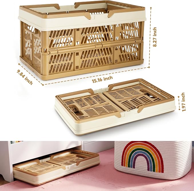 VALESKA Collapsible Crate 20L, Foldable Plastic Milk Crates for Storage, 15inch Collapsible Shopping Basket with Handles,Car Trunk Basket,for Kitchen（Brown）