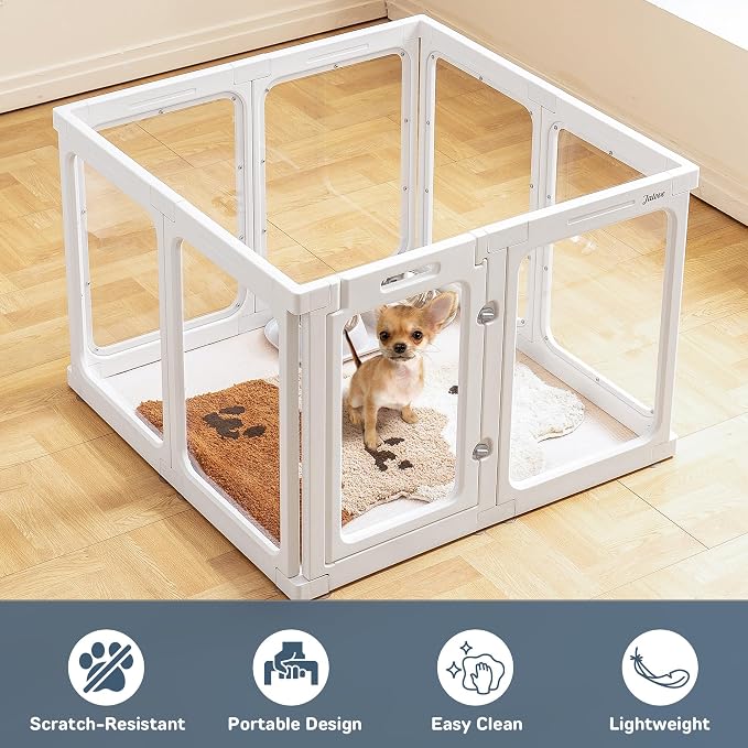 Jalove 24" Acrylic Clear Dog Playpen Indoor, Relieves Pet Anxiety | Ideal for Small Dogs,Plastic Pet Play Pen with Door, Playpen for Rabbit, Easy to Install, White 8 PCS