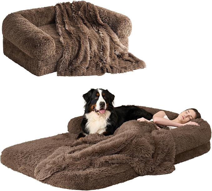 EHEYCIGA Orthopedic Foldable Human Dog Bed - 72x44x11, Brown | Memory Foam Human Sized Dog Bed, Waterproof Pet Bed for People, Faux Fur Pet Couch for Adult with Non-Slip Bottom