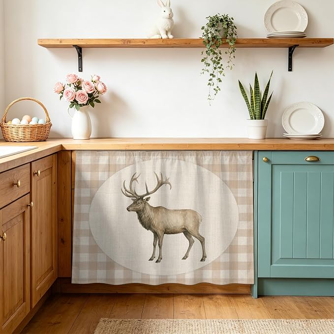Majestic Buck Oven Skirt Curtain for Kitchen Decor 28"x35", Vintage Natural Buck Rustic Linen Plaid Self Adhesive Stove Curtains Skirt Cabinet Curtains for Bathroom Laundry Room