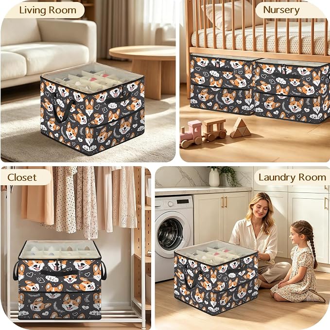 TropicalLife Corgi Puppy Dogs Shoe Organizer for Closet | Foldable Shoe Storage Box Bin 16-32 Pair Shoe Storage for Sneakers, Boots & Heels with Adjustable Dividers, Clear Cover