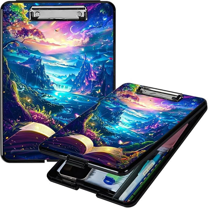 Book Mountains A4 Clipboard with Storage Pen Holder, Clipboards Organizer Nursing Clipboard Foldable File Folder Plastic Clipboard Folio Clip Board for Office Students Classroom Doctor