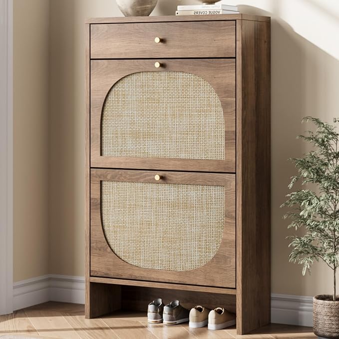 Shoe Cabinet for Entryway, Slim Shoe Rack with 2 Flip Drawers and Top Storage Drawer, Narrow Shoe Organizer with Printed Rattan-Look Design, Entryway Shoe Storage for Size 12+ Shoes, Caramel