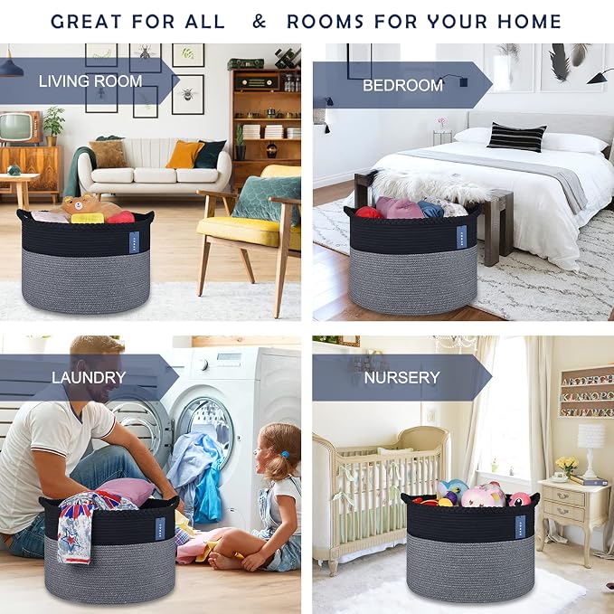 COMSE XXXLarge Woven Blanket & Laundry Basket, 87L, Black & Gray | 21.7" x 13.8", Cotton Rope, Nursery Hamper for Storage of Toys Clothes Towels, Ideal for Living Room Bedroom Bathroom