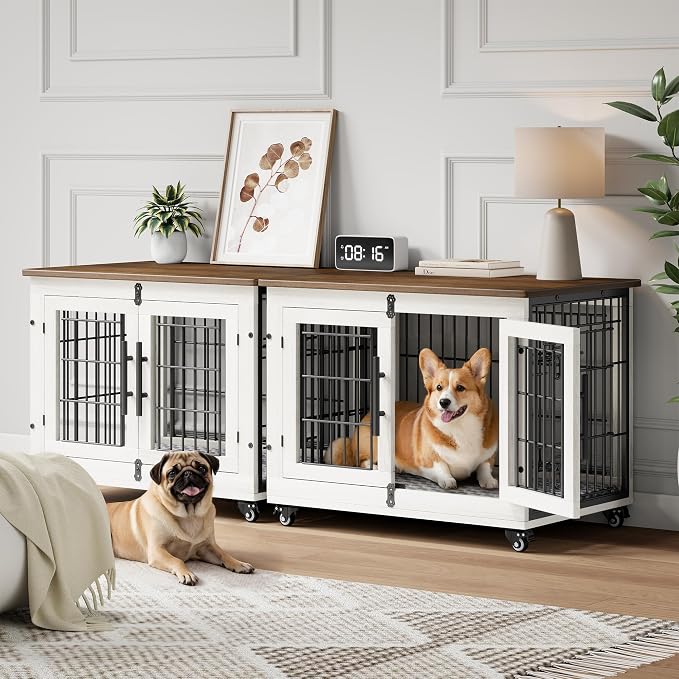 YaFiti Dog Crate Furniture, 32.5” Wooden Indoor Dog Kennel, White | Cushion, Wheels, Double Doors, Furniture Style, Side End Table, Decorative Pet Cage House, Up to 45 lb, for Small/Medium Dogs