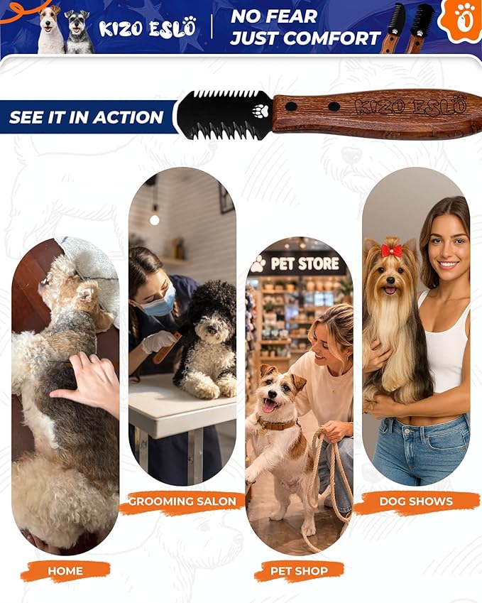 2 in 1 Stripping Knife for Dogs – Gentle Hand Stripping & Carding Knife for Terriers & Double-Coated Breeds, Solid Sapele & Black Oxide Stainless Steel,Easy to Clean,Dog Grooming Tool(Right-Handed)