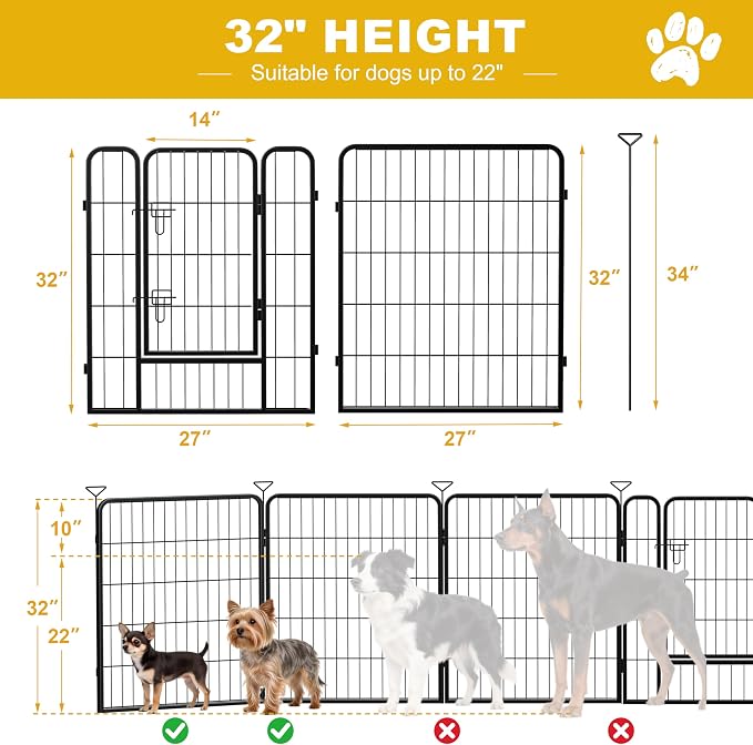 Heavy-Duty Iron Dog Playpen Outdoor Indoor,32 Inch 8 Panels Dog Play Pen | Dog Fences for RV Camping/Yard/Garden,Portable Dog Play Pen for Dogs,Puppies,Small Animals,Black Silver