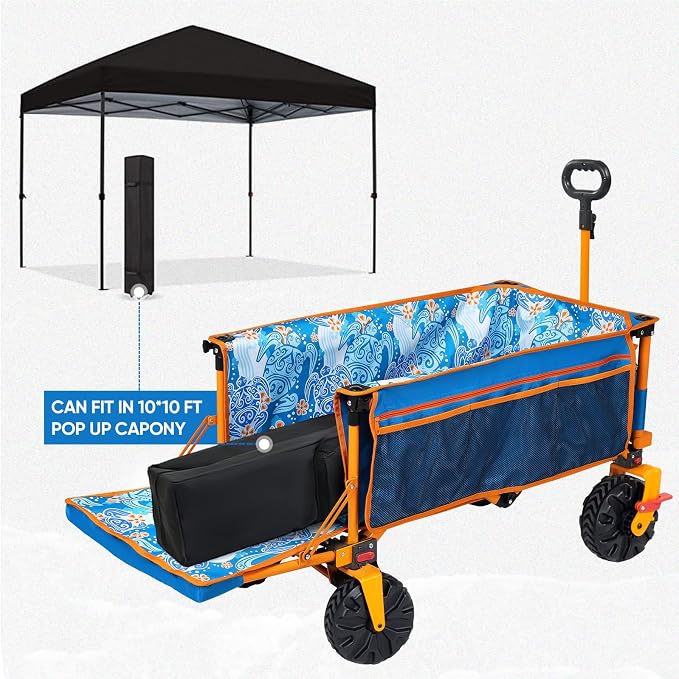 Old Bahama Bay 300lbs Extra Long 49" L Beach Wagon with Big Wheels with Brake for Sand, Collapsible Utility Beach Cart Heavy Duty Folding Wagon,Ideal for Outdoor Sand Camping Garden Pet