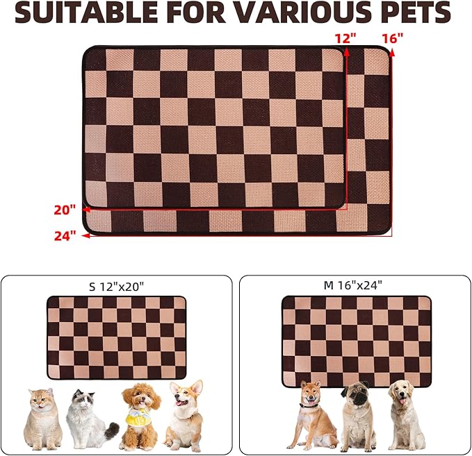 PUPTECK Dog Food Mat, Absorbent Pet Cat Feeding Mat for Food and Water Bowls, Anti-Slip Dog Placemat for Floors Waterproof, Pet Supplies Accessories, Brown & Khaki Checkered S