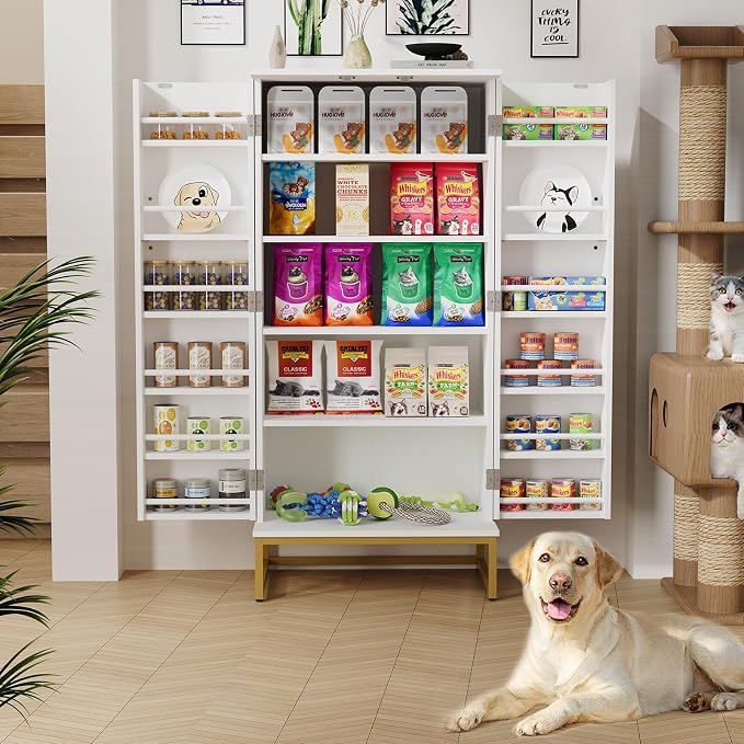 Saudism 51" Dog Food Storage Cabinet with Adjustable Shelves, White | Freestanding Pet Storage Container Organizer for Living Room and Dinning Room