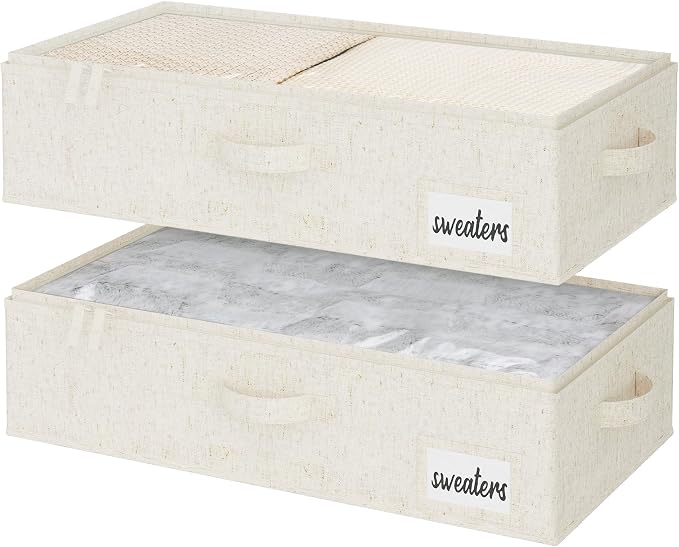 StorageWorks 5 Inch Low Profile Under Bed Storage Containers with Clear Lid | Reinforced Structure, Resists Sagging, Handles & Label Holder, Foldable Stackable Closet Storage for Clothes, Blankets, Toys