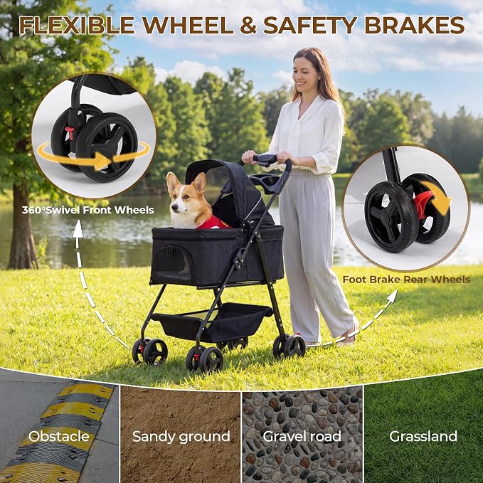 4-Wheel Pet Stroller for Small Medium Dogs Cats, One-Click Foldable | Portable Dog Stroller, Detachable Carrier, Cup Holder & Storage Basket, Safety Tether, Breathable Mesh, Up to 44lbs, Black