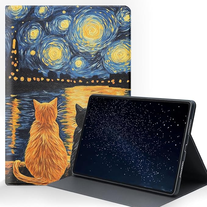 for Samsung Galaxy Tab A8 10.5 Inch 2022 (SM-X200/X205/X207) Tablet Protective Cover with Adjustable Stand and Magnetic Auto Wake/Sleep,Starry Night Cats