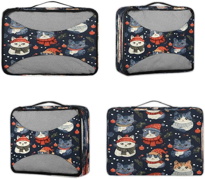 Packing Cubes for Travel, Woodland Holly Christmas Holiday Travel Luggage Packing Organizers for Women Men, Large Custom Toiletries Bag for Cosmetics Toiletries, Cute Cat
