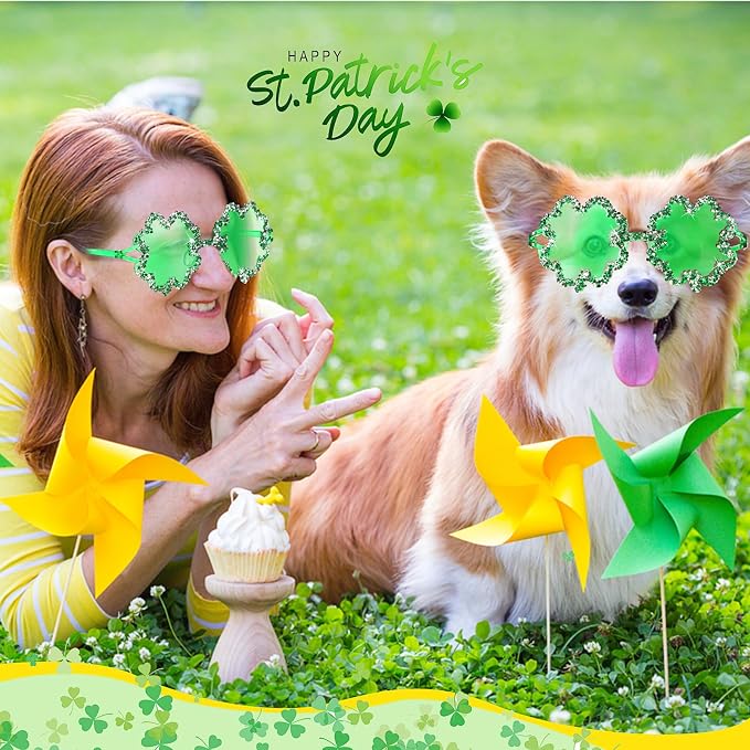 St. Patrick's Day Dog Sunglasses with Adjustable Strap, Green Shamrock Pet Glasses Accessory for Medium Large Dogs Cats, Irish Festival Parade Costume & Photo Prop(4 Leaf Clover)