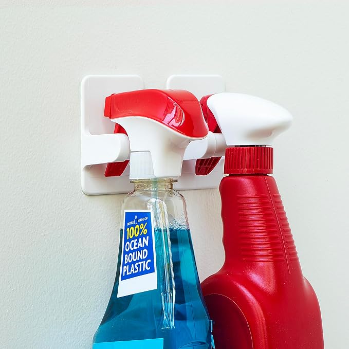 6 Spray Bottle Holder, Spray Bottle Hangers - Cleaning supplies organizer - Chemical spray bottle holder wall mount - Professional commercial sprayer bottle caddy up to 32 oz - White, 6 Pack