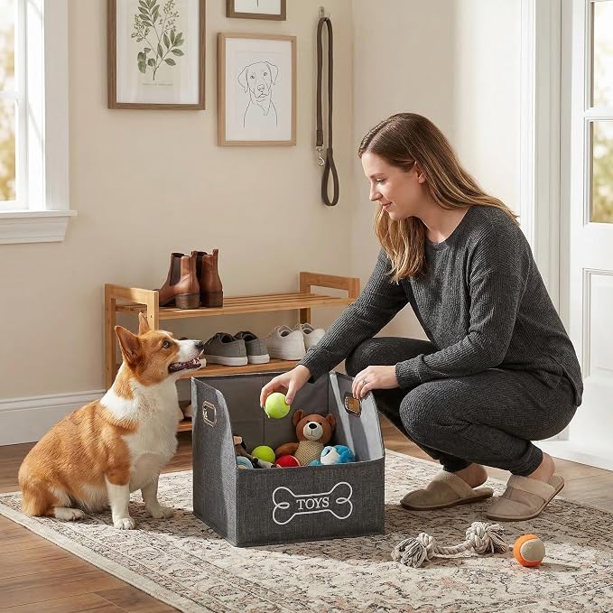Foldable Dog Toy Basket-Dog Toys Bin-Dog Toy box-Storage Basket with Handle,Organizer Bin for Pet Toys, Blanket, Shelves, Closet -gray
