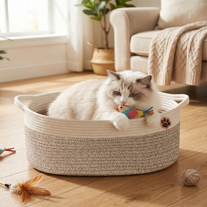 SZEE 2 Pack Stimulicat Handwoven Cat Basket, Large Instinct Cat Bed Baskets | Woven Cotton Rope Cat Scratcher Basket & Pet Toy Organizer, Breathable with Reinforced Handles, 19.7"x11"x7.9", Beige+Gray