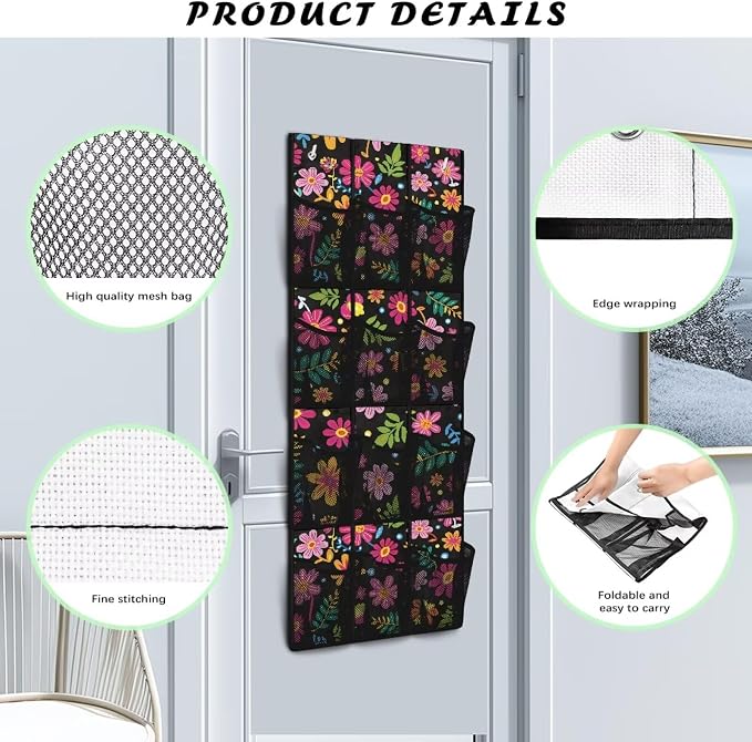 Florals Hanging Storage Bags,Shoe Organizer Door Hanger with 12 Mesh Large Pockets,Behind Door Shoes Hang Holder Rack