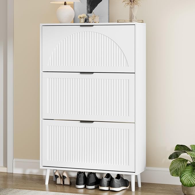 Shoe Storage Cabinet with 3 Flip Drawers, Narrow Wood Shoe Organizer Cabinet with Fluted Panel, Slim Shoe Rack for Entryway, Freestanding Shoe Cabinet for Living Room, Hallway, White