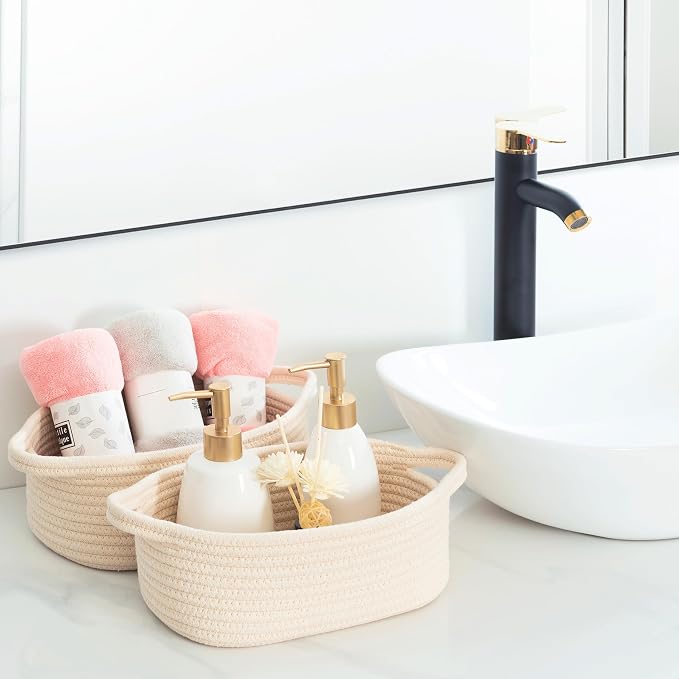5-Piece Storage Baskets for Organizing, Small Woven Rope Baskets for Storage and Shelves, Dog Cat Toy Basket Box, Pantry Bathroom Organization Bins, Nightstand Organizer, Beige