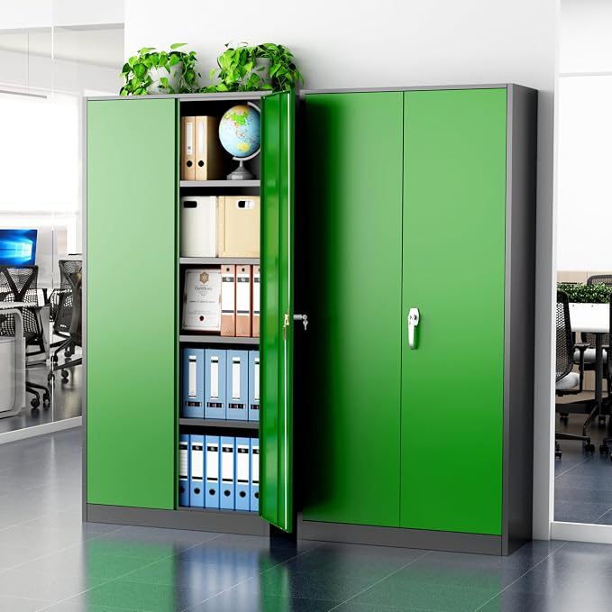 Greenvelly Metal Storage Cabinet with Doors and Shelves, 72" Inch Locking Metal Cabinet,Garage Storage Cabinet for Garage Office School Warehouse (Black Green)