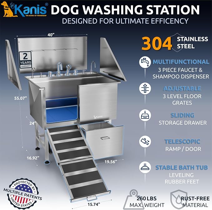 Professional Dog Washing Station 304 Stainless Steel Pet Wash Sink | Grooming Bathtub w/Shower, Floor Grates and Storage for Large, Medium & Small Pets