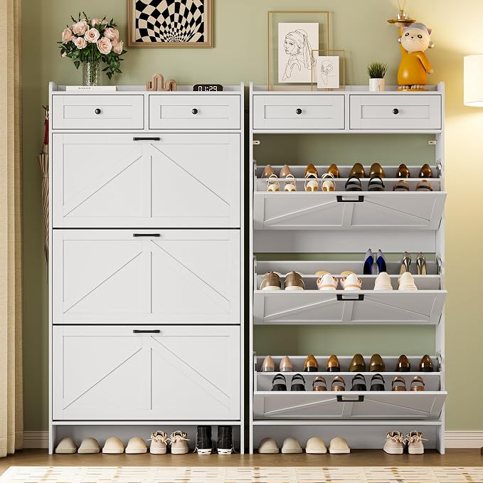 BORNOON Shoe Storage Cabinet for Entryway, Farmhouse Narrow Shoe Cabinet with 3 Flip Drawers & 2 Top Drawers, Adjustable Shelves & Hooks, Freestanding Hidden Rack Organizer for Hallway, Foyer