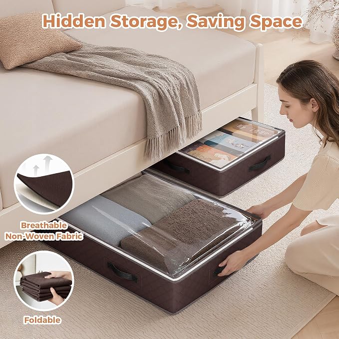 6 Pack 95L Under bed Storage Containers Brown | Underbed Storage Bags for Blankets, Towels, Comforter, Sweaters, Linen Sheets, Wrapping Paper