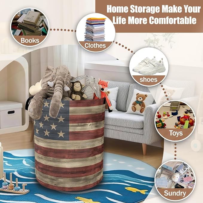 American Flag Grunge Laundry Basket,Waterproof Foldable Laundry Hamper,Dirty Clothes Basket, Linen Bin Storage Organizer Collection 16" x 20.8"